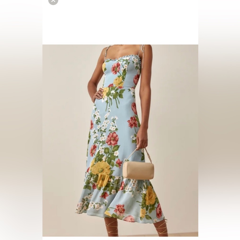 Reformation Enya Floral Dress - Light Blue and Yellow